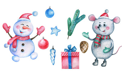 Watercolor illustration with snowman, mouse and Christmas decorations.