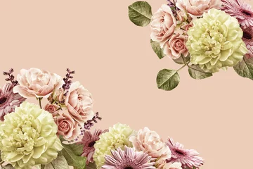 Foto op Aluminium Floral banner, cover or header with vintage bouquets. Yellow peony, gerbera, roses isolated on pink background.  © RinaM