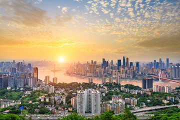 Sunset city architecture landscape and beautiful sky in Chongqing