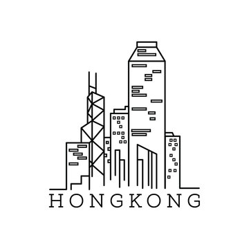 Line Art Vector Illustration of Modern Hong Kong City with Skyscrapers. Flat Line Graphic. Typographic Style Banner. The Most Famous Buildings Cityscape on Gray Background. 