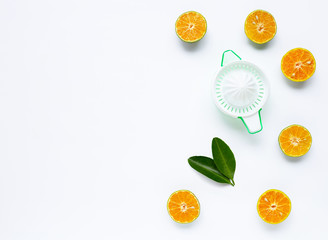 Citrus orange juicer with oranges on white
