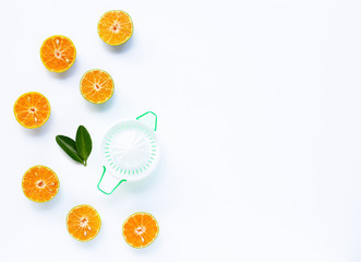 Citrus orange juicer with oranges on white
