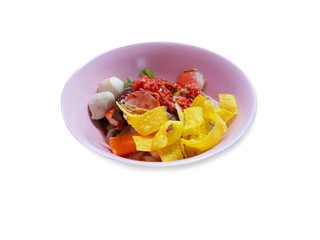 Noodles with seafood soup and red on a white background,with clipping path