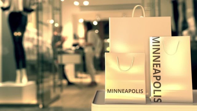 Bags with Minneapolis text. Shopping in the United States related conceptual 3D animation