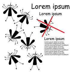 Vector illustration of flying mosquitoes. A flock of funny insects. Poster, sale of funds against blood-sucking aggressors.