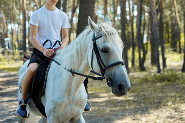 Close up of white horse running with teenage rider boy