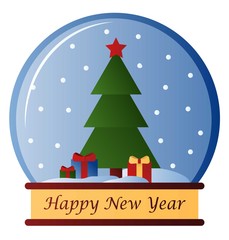 Snow globe. Glass ball with snow, Christmas tree and gifts. Christmas souvenir, interior decoration. Isolated on white background. Flat style.