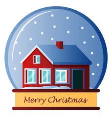 Snow globe. Glass ball with snow and house. Christmas souvenir, interior decoration. Isolated on white background. Flat style.