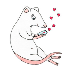 mouse in love is sitting with the phone. isolated on a white background. Cute animal with hearts, sends messages with a paw, send s a Valentine, likes. White rat symbol of 2020.