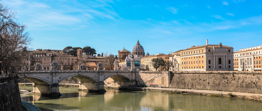 Daily View to the Bridge near Tiber River, Rome, Italy