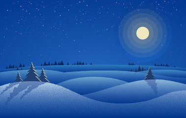 Winter night landscape with snow drifts, trees and night starry sky with moon