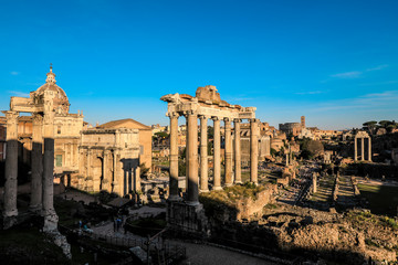 Fototapeta na wymiar Sunny day in the Roman Ruins of Forum, Rome, Italy 