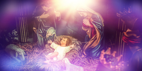 Traditional Christmas scenes and sacred light shining for use in illustration design Nativity...