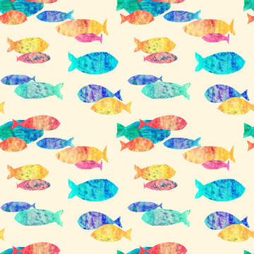 Fishes in naive style seamless pattern. Digital hand drawn picture with hand painted texture. Background for headline, image for blog, decoration. Design for wallpaper, textile, fabrics.