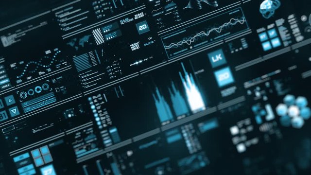 Perspective view with out of focus areas of Futuristic interface/Digital screen.Detailed abstract background with blinking and switching indicators and statuses showing work of command center, process