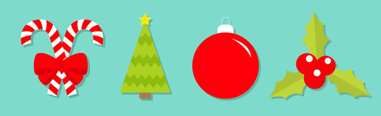 Obraz premium Merry Christmas set line. Candy Cane Bow Fir tree Ball Holly berry leaf. Two cute peppermint stick. Big red bow decoration. Greeting card. Flat design. Blue background. Isolated.