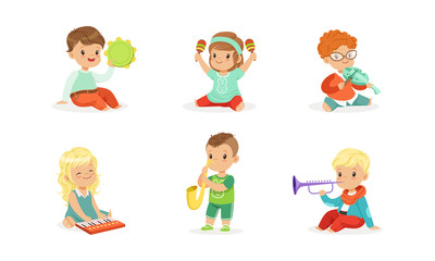 Little Kids Playing Musical Instruments Vector Illustrations Set