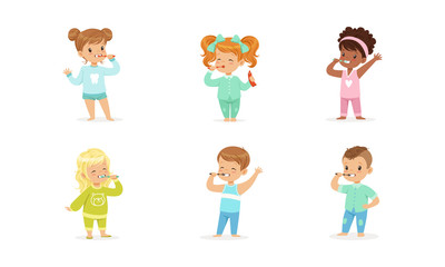 Little Boys and Girls Brushing Their Teeth Vector Illustrations