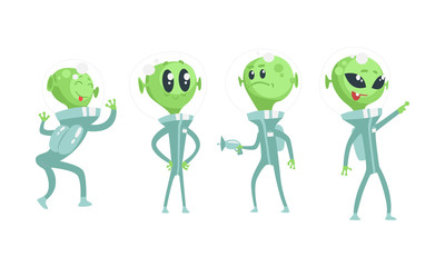 Cartoon Alien Characters Wearing Space Costume Vector Set