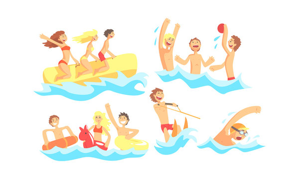 People Characters Having Vacation and Doing Water Activities Vector Illustrations Set
