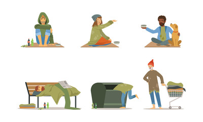 Homeless People Characters Vector Set. Poverty Concept