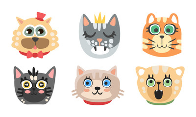 Cute Cartoon Cats and Dogs Muzzle Vector Set