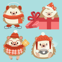 The character of cute hedgehog wear a accessory in christmas theme. The cute hedgehog wear glasses and  winter hat and scarf and sweater and holding a tea cup and giftbox on white background and snow.