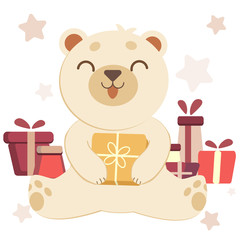 The character of cute white polar bear with a gift box on the white background and pattern of star. The cute polar bear holding a gift box and sitting with pile of gift box in flat vector style.