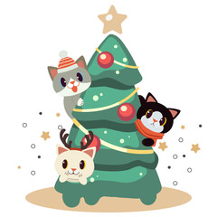 The character of cute cat playing with christmas tree. The cute cat garps a christmas tree. The christmas tree have a red ball and gold ribbon and star. The character of cute cat in flat vector style.