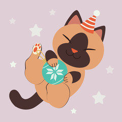 The character of cute cat wear a party hat playing with a christmas ball on the purple background with pattern of star. The cat look happy with christmas ball. The character of cute cat in flat vector