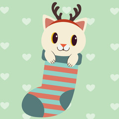 The character of cute cat in the big red sock for use the christmas theme. The cute cat smiling in the big sock with the Holly leaves. The character of cute cat in flat vector style.