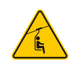 Vector yellow triangle sign - black silhouette chair lift. Isolated on white background.