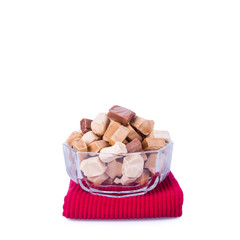 candies or caramel candies on a white background.