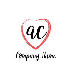 AC initial handwriting in a love brush-shaped template