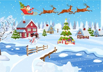 Suburban house covered snow. Building in holiday ornament. Happy new year decoration. Merry christmas holiday. New year xmas celebration. Vector illustration