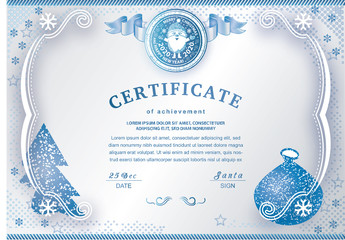 Christmas white certificate with Santa Claus. Winter frozen background for New Year congratulations
