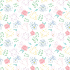 Seamless pattern with leaves, magnolia, rose flowers and triangle shapes