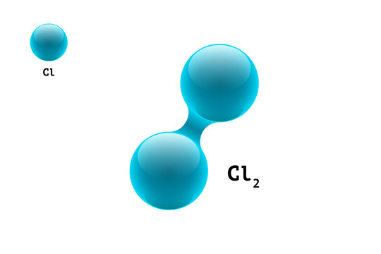 Chemistry model molecule diatomic chlorine CL2 scientific element formula. Integrated particles inorganic gas 3d molecular structure. Two volume atom combination vector spheres