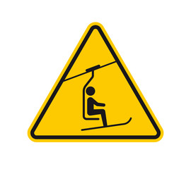 Vector yellow triangle sign - black silhouette chair lift. Isolated on white background.