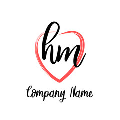 HM initial handwriting in a love brush-shaped template