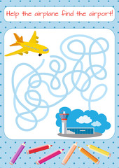Help the small plane find the airport. Educational game for children. Cartoon vector illustration