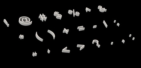 3D Illustration/Render of the most used computer keyboard symbols in white on black background
