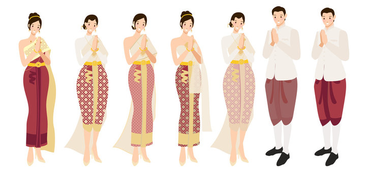Thai wedding couple greeting Sawasdee in traditional dress eps10 vectors illustration