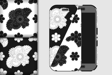 Two seamless patterns with drawing flowers in black and white color on white backgrounds and Mobile Phone mockup, design concept for fabric and print paper