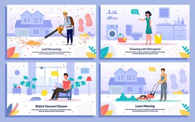 House Cleaning Works Flat Vector Banners Set