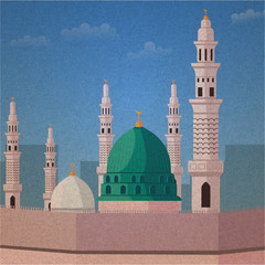 Nabawi Mosque Green Dome in Medina Vintage Illustration