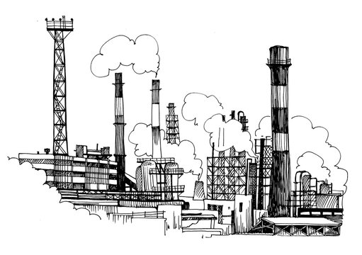 Chemical Plant, The Production Of Polymers, Hand-drawn Sketch