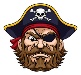 A pirate cartoon character captain mascot face with skull and crossed bones on his tricorne hat