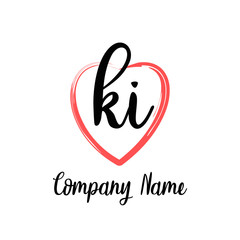 KI initial handwriting in a love brush-shaped template
