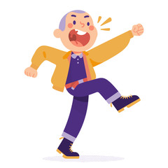 a bald boy walked happily in a denim jacket costume and boots, a little punk boy and a skin head